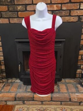 Red Ruched Draped Mini Dress - Elegant Sleeveless Style, Size Small